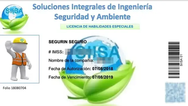 Sample SIISA skills ID card with a photo of a cartoon worker in a hard hat and safety vest, participant details, authorization and expiry dates, a barcode and a QR code