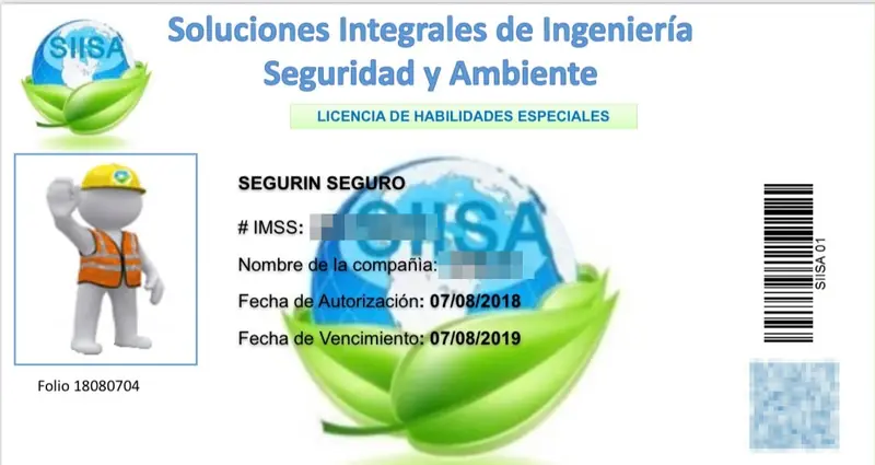 Credencial de habilidades de SIISA Consultores con foto, datos del participante, fechas de autorización y vencimiento, código de barras y código QR